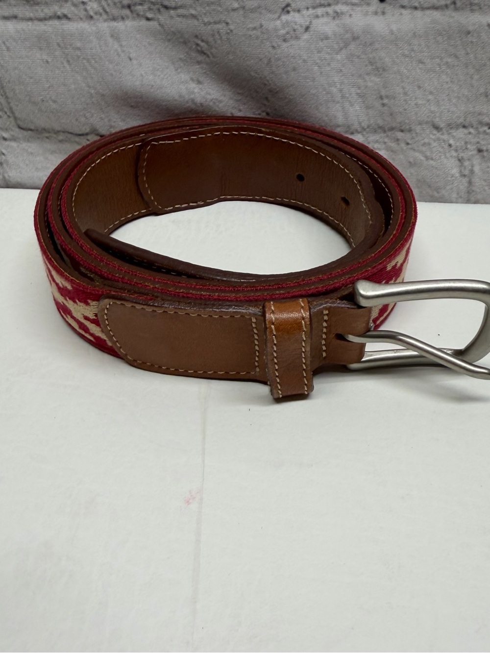 LA MATERA Red Patterned Leather-Trim Men’s Belt SIZE 40